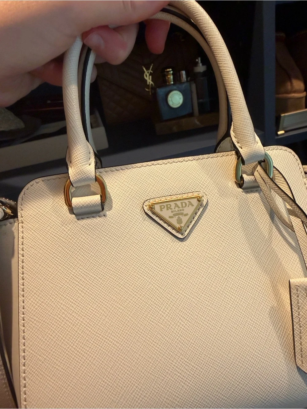 Prada Cream Saffiano Leather Mini Satchel with Gold Hardware